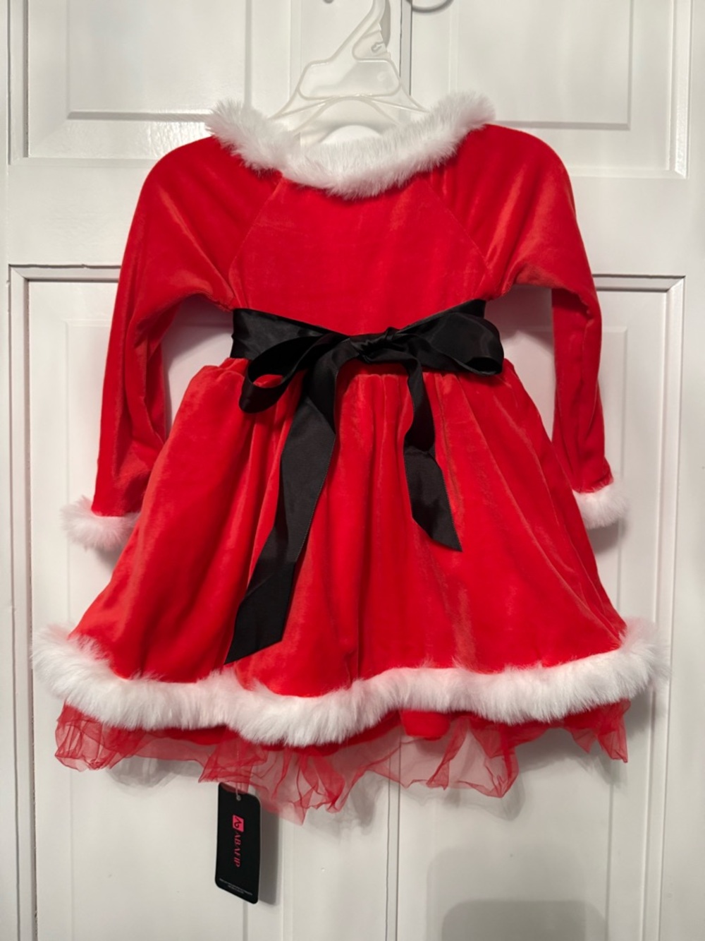 Red Faux-Fur Trim Holiday Velvet Dress with Belt and Bow - Picture 6 of 7